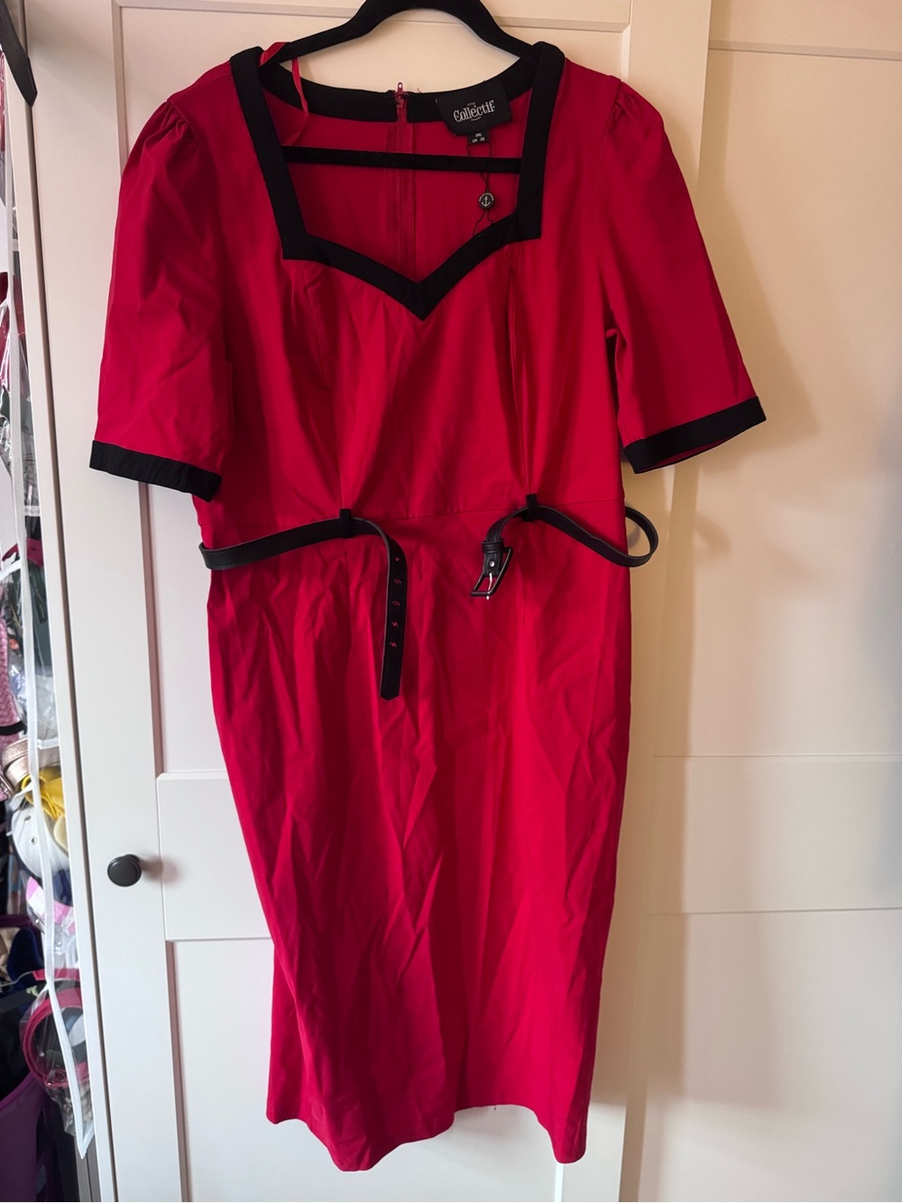 Collectif Red Midi Dress with Black Trim UK20